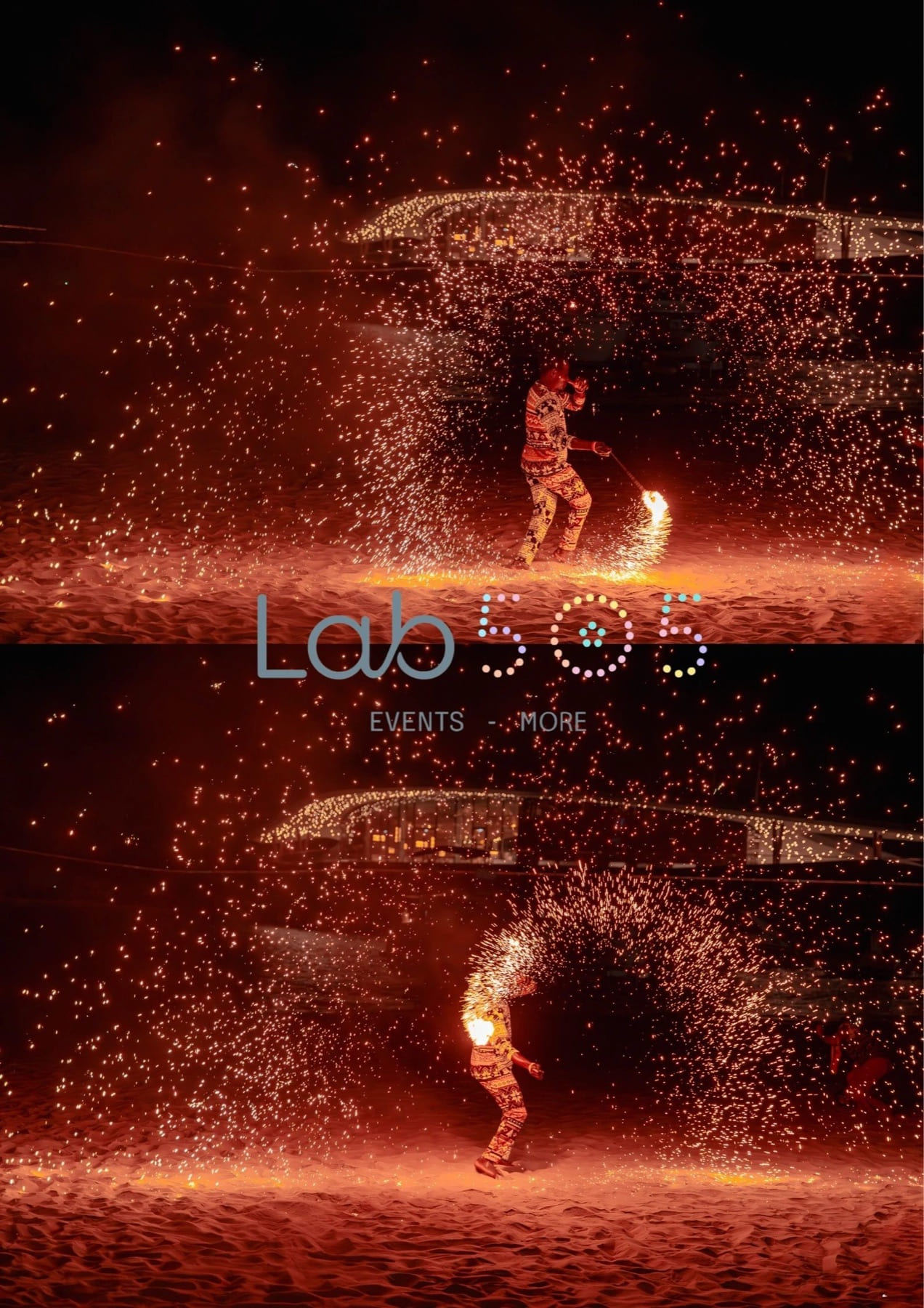 Fire performer surrounded by a dramatic arc of sparks at a beach event